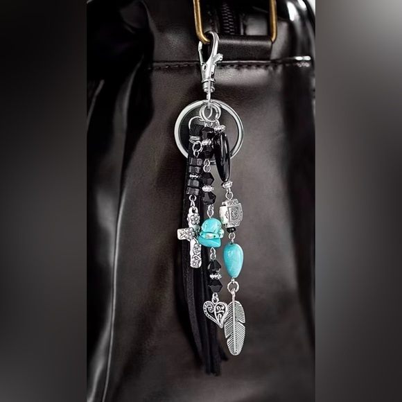 Accessories - Bag Charm Black Leather Tassel Turquoise Beads Cross charm